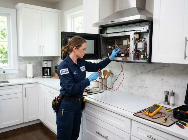 Appliance Repair Hero technician testing an over-the-range microwave in a Blooming Prairie, MN kitchen